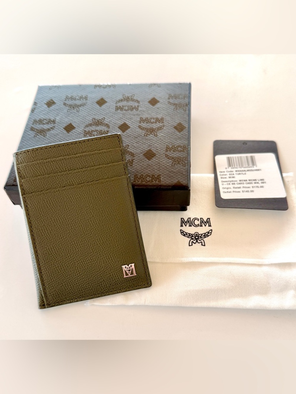 MCM Olive Green Saffiano Leather Card Holder with Metal Logo